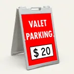 Custom valet parking rate sign with bold red background and white price box for Los Angeles restaurant or hotel entrance