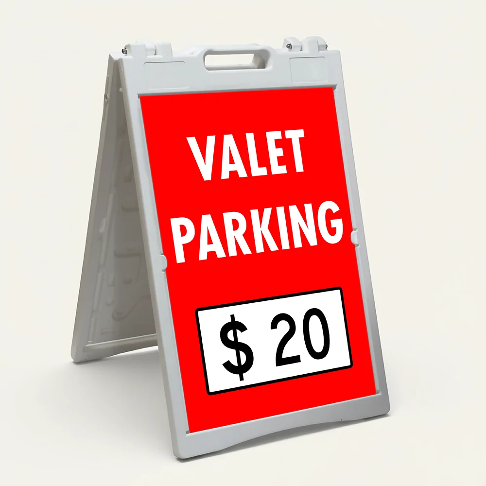 Custom valet parking rate sign with bold red background and white price box for Los Angeles restaurant or hotel entrance