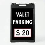 Custom valet parking rate sign with black background and white price box with red border accent for Los Angeles upscale restaurant or hotel entrance