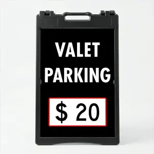 Custom valet parking rate sign with black background and white price box with red border accent for Los Angeles upscale restaurant or hotel entrance