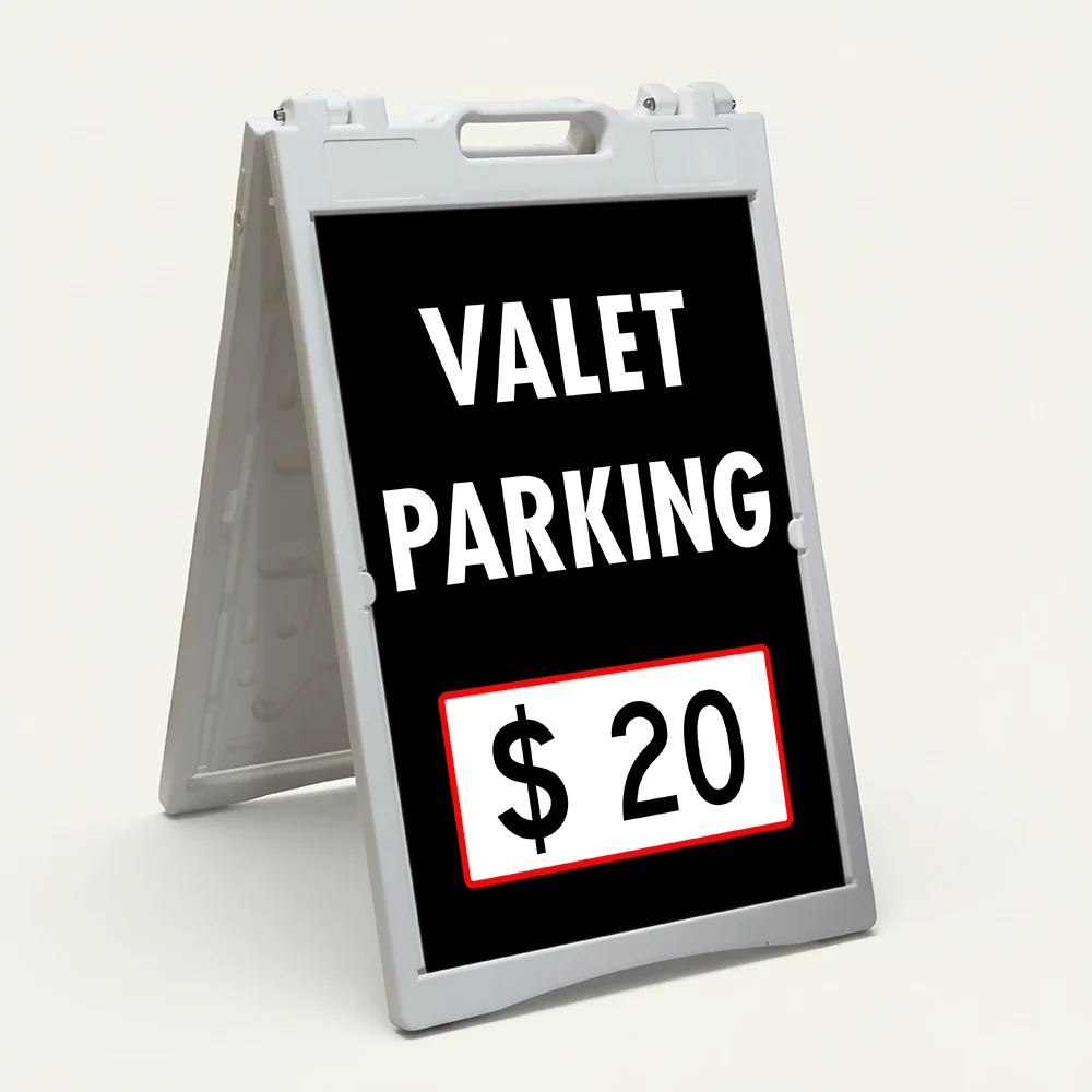 Custom valet parking rate sign with black background and white price box with red border accent for Los Angeles upscale restaurant or hotel entrance