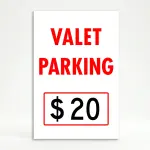 Custom valet parking rate A-frame sign with red lettering and price box for Los Angeles restaurant or hotel entrance