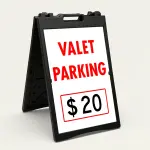 Custom valet parking rate A-frame sign with red lettering and price box for Los Angeles restaurant or hotel entrance