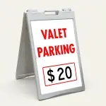 Custom valet parking rate A-frame sign with red lettering and price box for Los Angeles restaurant or hotel entrance