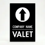 Custom branded valet directional A-frame sign with circular arrow and business name in black and white for Los Angeles restaurant or hotel entrance