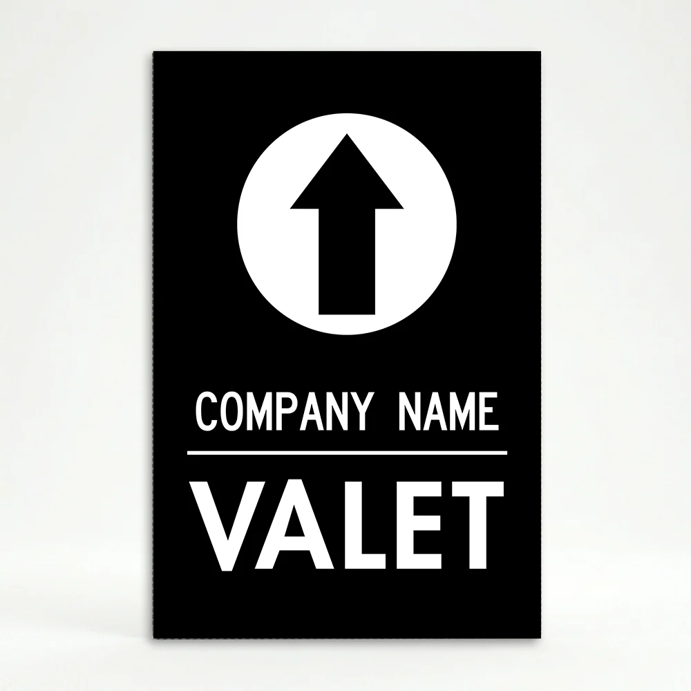 Custom branded valet directional A-frame sign with circular arrow and business name in black and white for Los Angeles restaurant or hotel entrance