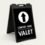 Custom branded valet directional A-frame sign with circular arrow and business name in black and white for Los Angeles restaurant or hotel entrance