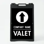 Custom branded valet directional A-frame sign with circular arrow and business name in black and white for Los Angeles restaurant or hotel entrance