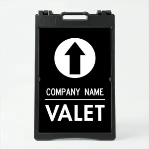 Custom branded valet directional A-frame sign with circular arrow and business name in black and white for Los Angeles restaurant or hotel entrance