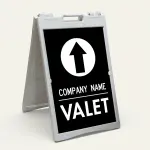 Custom branded valet directional A-frame sign with circular arrow and business name in black and white for Los Angeles restaurant or hotel entrance
