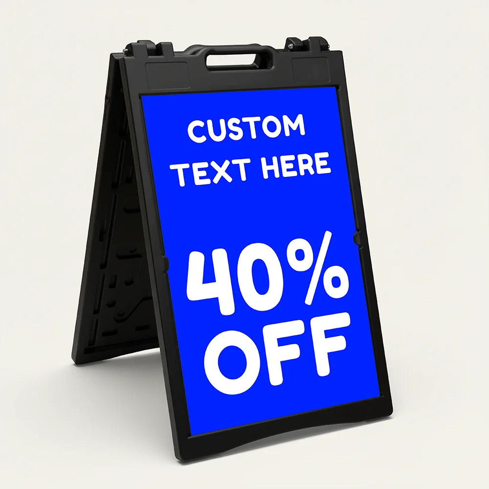 Custom discount offer A-frame sign with bold electric blue background and white customizable text for Los Angeles retail store or service business