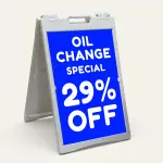 Custom discount offer A-frame sign with bold electric blue background and white customizable text for Los Angeles retail store or service business