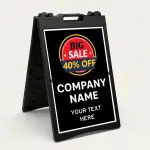 Custom promotional A-frame sign with sale badge and business name for Los Angeles retail storefront