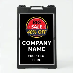 Custom promotional A-frame sign with sale badge and business name for Los Angeles retail storefront