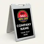 Custom promotional A-frame sign with sale badge and business name for Los Angeles retail storefront