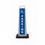 Blue and white handicap accessible parking flat cone sign with wheelchair symbol and vertical PARKING lettering for Los Angeles parking lot or medical facility