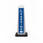 Blue and white handicap accessible parking flat cone sign with wheelchair symbol vertical PARKING lettering and left arrow for directional guidance in Los Angeles parking lot or medical facility