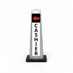 Black white and red cashier flat cone sign with red left arrow on black header and vertical CASHIER lettering on white background for Los Angeles parking lot or garage