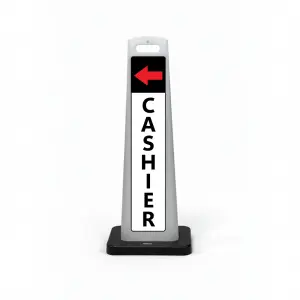 Black white and red cashier flat cone sign with red left arrow on black header and vertical CASHIER lettering on white background for Los Angeles parking lot or garage