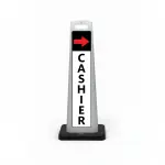 Black white and red cashier flat cone sign with red right arrow on black header and vertical CASHIER lettering on white background for Los Angeles parking lot or garage