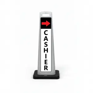 Black white and red cashier flat cone sign with red right arrow on black header and vertical CASHIER lettering on white background for Los Angeles parking lot or garage