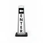 Black and white enter flat cone sign with white left arrow on black header and vertical ENTER lettering on white background for Los Angeles parking lot garage or event venue entrance