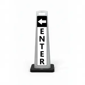 Black and white enter flat cone sign with white left arrow on black header and vertical ENTER lettering on white background for Los Angeles parking lot garage or event venue entrance