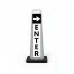 Black and white enter flat cone sign with white right arrow on black header and vertical ENTER lettering on white background for Los Angeles parking lot garage or event venue entrance