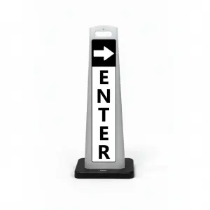 Black and white enter flat cone sign with white right arrow on black header and vertical ENTER lettering on white background for Los Angeles parking lot garage or event venue entrance