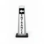 Black and white entrance flat cone sign with white left arrow on black header and vertical ENTRANCE lettering on white background for Los Angeles office building medical facility or event venue