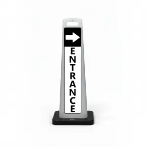 Black and white entrance flat cone sign with white right arrow on black header and vertical ENTRANCE lettering on white background for Los Angeles office building medical facility or event venue