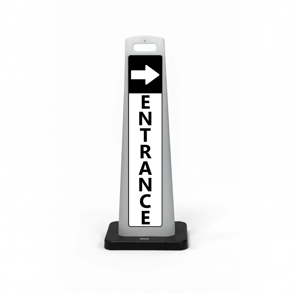 Black and white entrance flat cone sign with white right arrow on black header and vertical ENTRANCE lettering on white background for Los Angeles office building medical facility or event venue