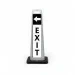 Black and white exit flat cone sign with white left arrow on black header and vertical EXIT lettering on white background for Los Angeles parking lot garage or shopping center