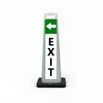 Green and white exit flat cone sign with white left arrow on green header and vertical EXIT lettering on white background for Los Angeles parking lot garage or shopping center