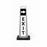Black and white exit flat cone sign with white right arrow on black header and vertical EXIT lettering on white background for Los Angeles parking lot garage or shopping center