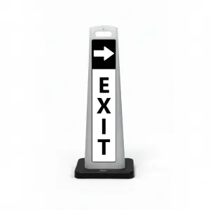 Black and white exit flat cone sign with white right arrow on black header and vertical EXIT lettering on white background for Los Angeles parking lot garage or shopping center