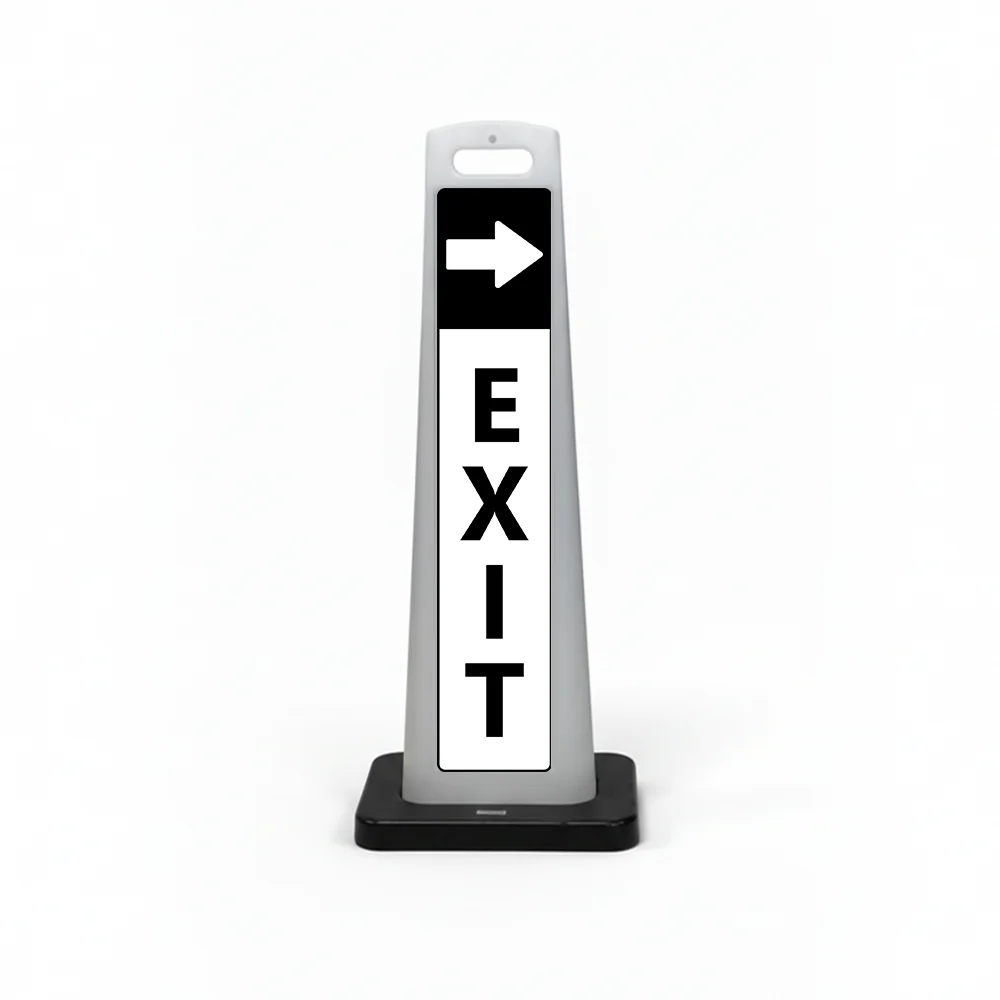 Black and white exit flat cone sign with white right arrow on black header and vertical EXIT lettering on white background for Los Angeles parking lot garage or shopping center