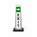Green and white exit flat cone sign with white right arrow on green header and vertical EXIT lettering on white background with green border for Los Angeles parking lot garage or shopping center