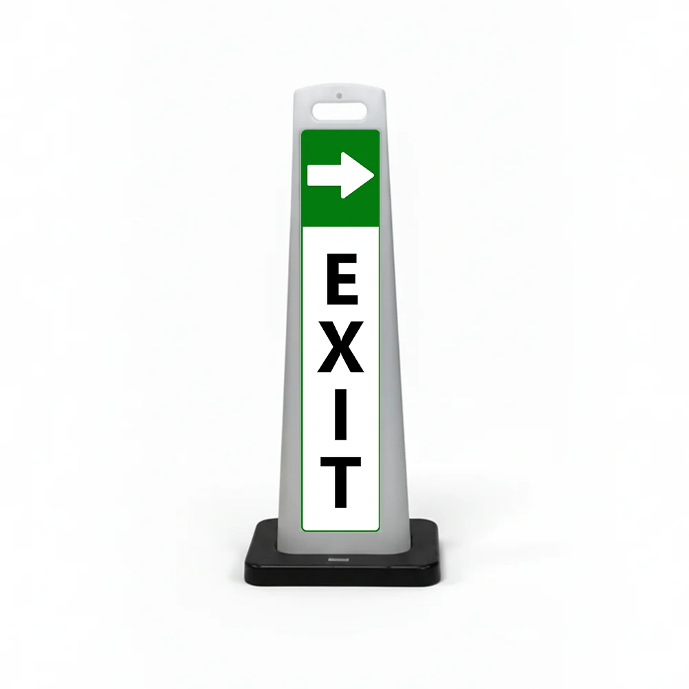 Green and white exit flat cone sign with white right arrow on green header and vertical EXIT lettering on white background with green border for Los Angeles parking lot garage or shopping center