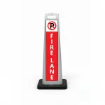 Red and white fire lane no parking flat cone sign with no parking symbol on white header and vertical FIRE LANE lettering on red background for Los Angeles commercial property hospital or apartment complex