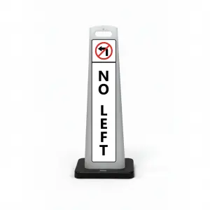 Black white and red no left turn flat cone sign with no left turn symbol and vertical NO LEFT lettering on white background for Los Angeles parking lot private driveway or shopping center