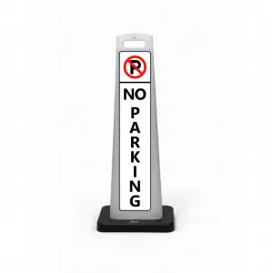 Black white and red no parking flat cone sign with no parking symbol and vertical NO PARKING lettering on white background for Los Angeles private driveway loading zone or reserved parking area