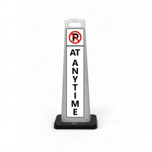 Black white and red no parking at any time flat cone sign with no parking symbol and vertical AT ANYTIME lettering on white background for Los Angeles private driveway loading dock or building entrance