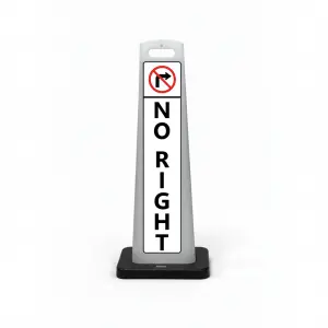Black white and red no right turn flat cone sign with no right turn symbol and vertical NO RIGHT lettering on white background for Los Angeles parking lot corporate campus or shopping center