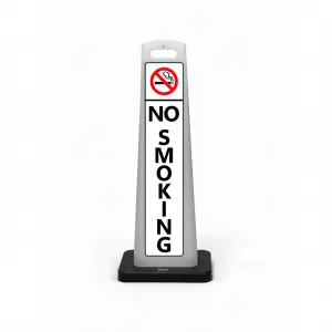 Black white and red no smoking flat cone sign with no smoking symbol and vertical NO SMOKING lettering on white background for Los Angeles parking garage building entrance or outdoor area