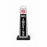 Black and white no smoking flat cone sign with no smoking symbol on white header and vertical NO SMOKING lettering on black background for Los Angeles parking garage building entrance or outdoor area