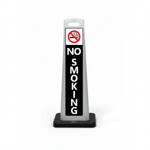 Black and white no smoking flat cone sign with no smoking symbol on white header and vertical NO SMOKING lettering on black background for Los Angeles parking garage building entrance or outdoor area