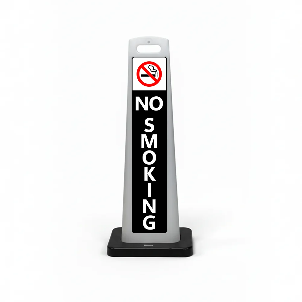 Black and white no smoking flat cone sign with no smoking symbol on white header and vertical NO SMOKING lettering on black background for Los Angeles parking garage building entrance or outdoor area