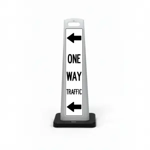 Black and white one way traffic flat cone sign with dual left pointing arrows above and below ONE WAY TRAFFIC lettering on white background for Los Angeles parking lot garage or private road