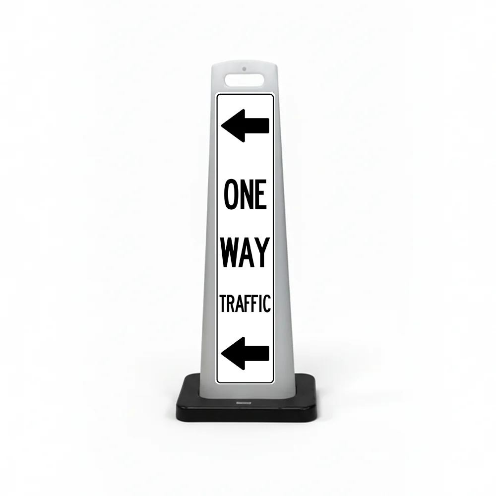 Black and white one way traffic flat cone sign with dual left pointing arrows above and below ONE WAY TRAFFIC lettering on white background for Los Angeles parking lot garage or private road
